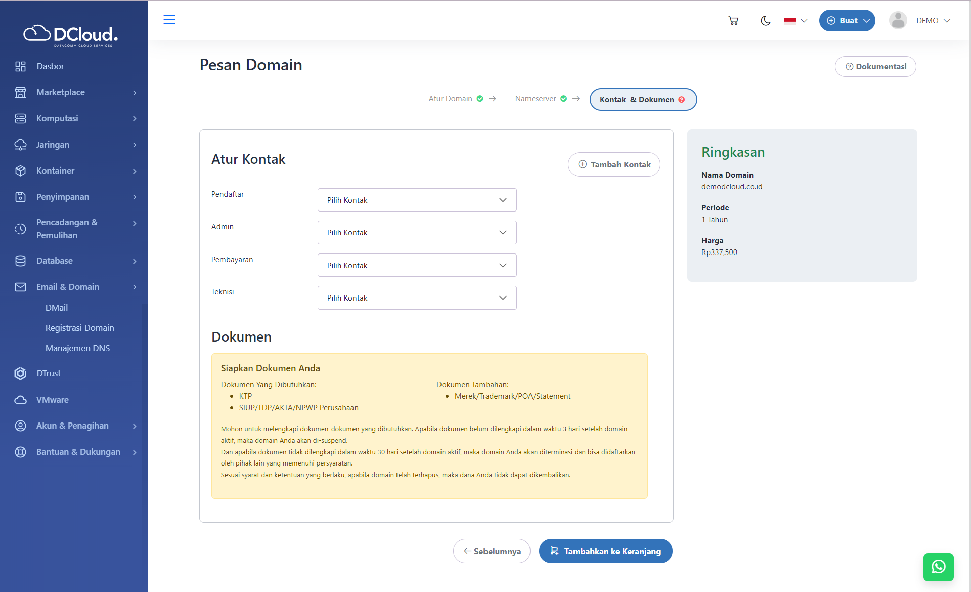 Halaman Pesan Domain Tab Kontak & Dokumen