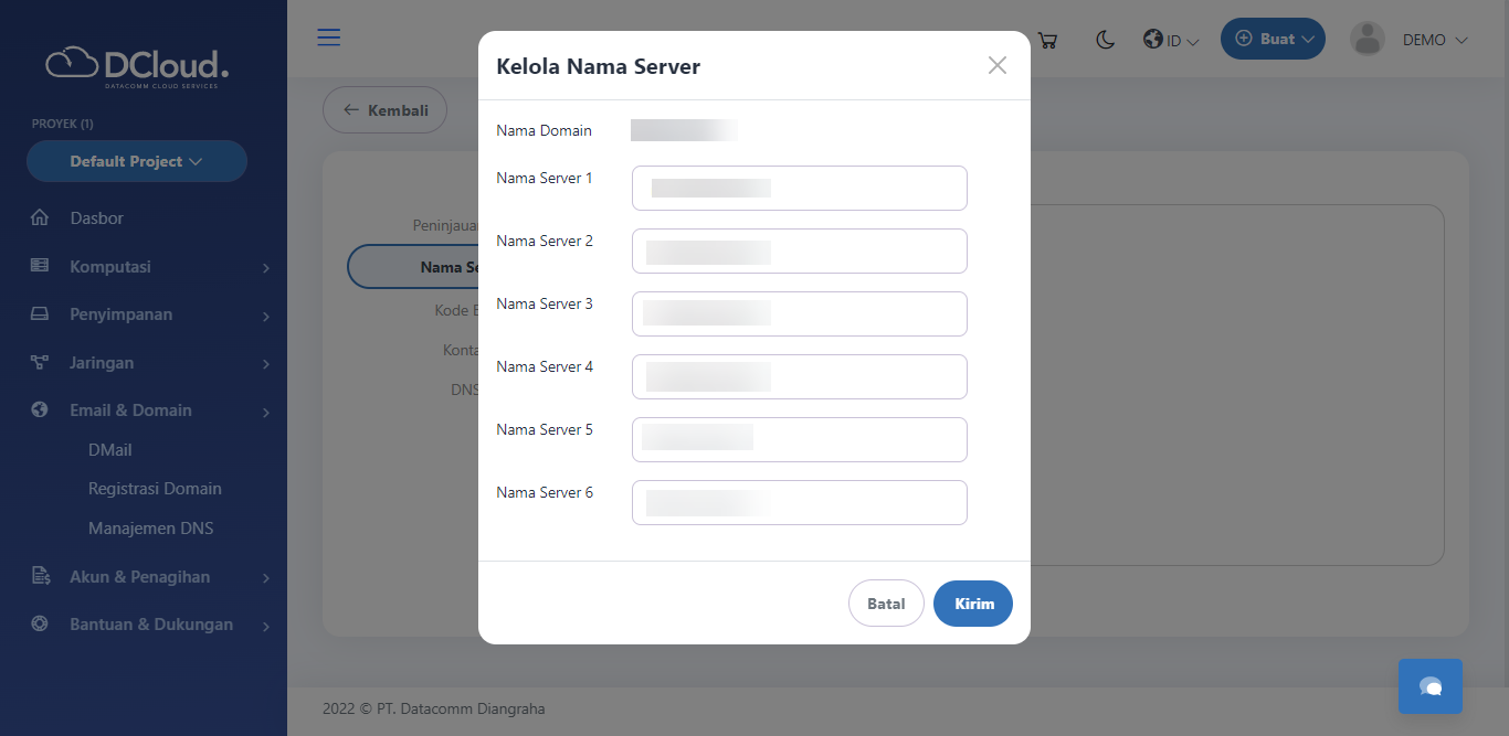 Halaman Kelola Nama Server