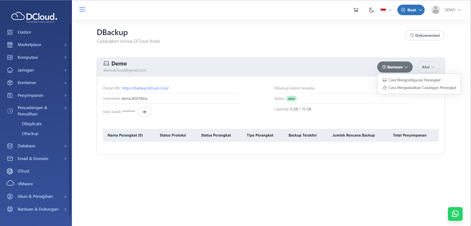 Halaman Bantuan DBackup