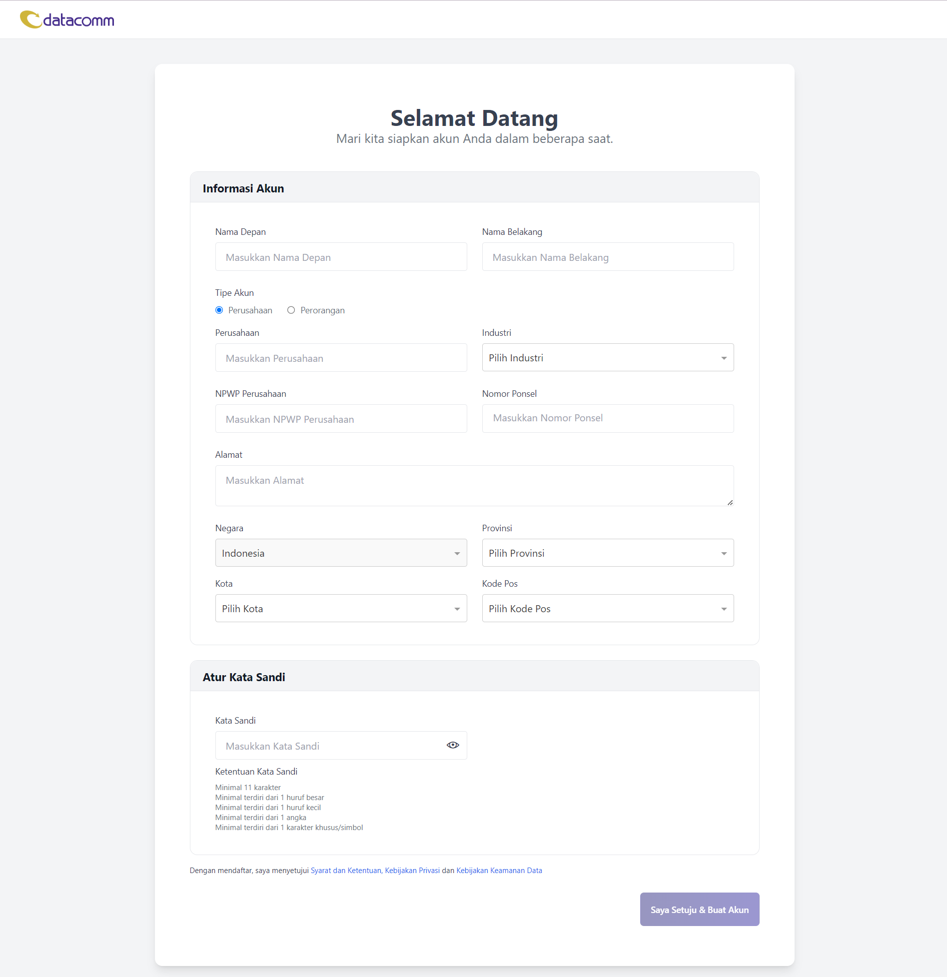 Halaman Pengisian Data Akun Perusahaan