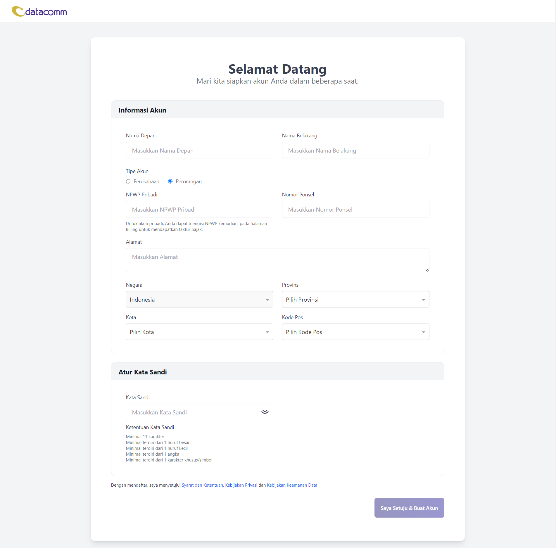 Halaman Pengisian Data Akun Perorangan