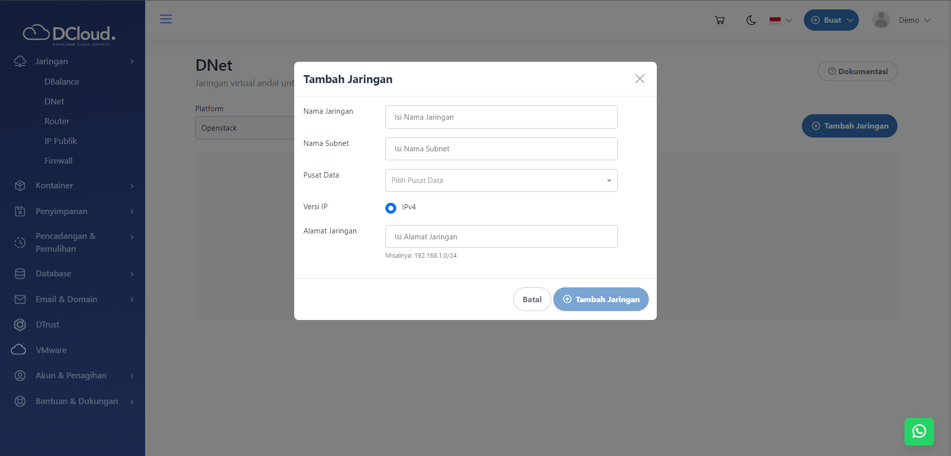 Halaman Tambah Jaringan