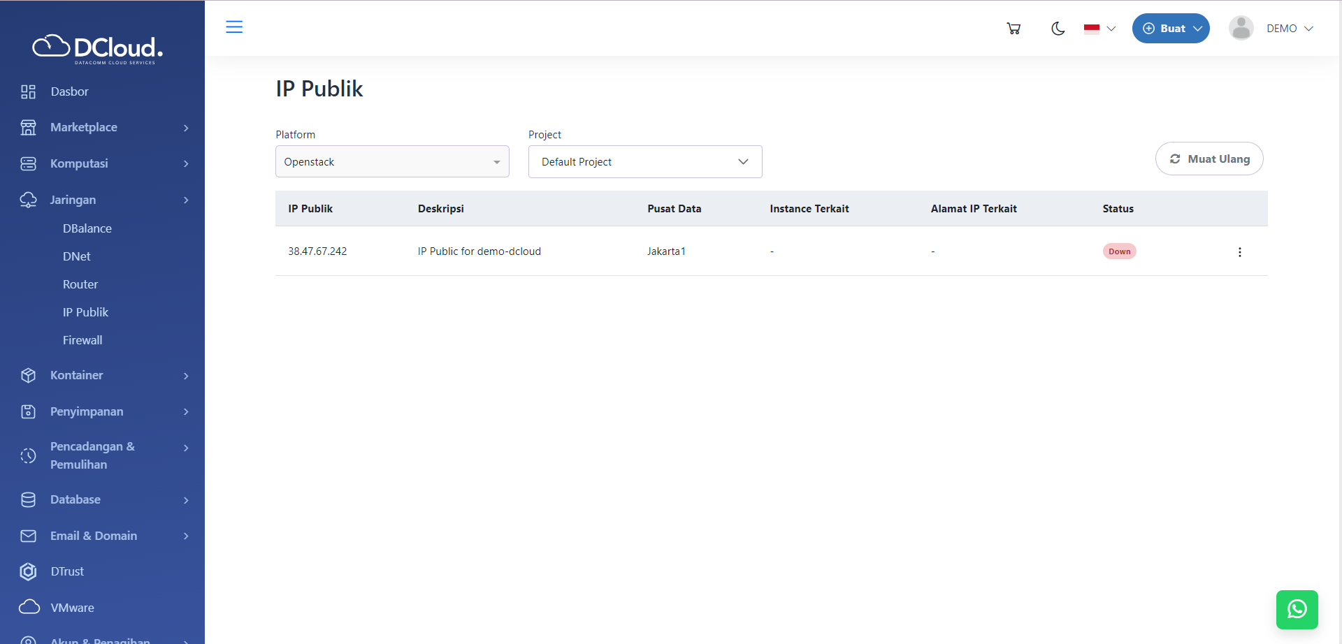 Halaman IP Publik dengan Status Active