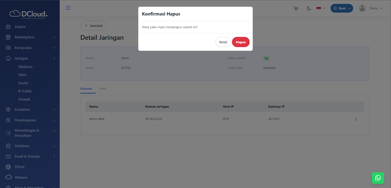 Halaman Hapus Subnet