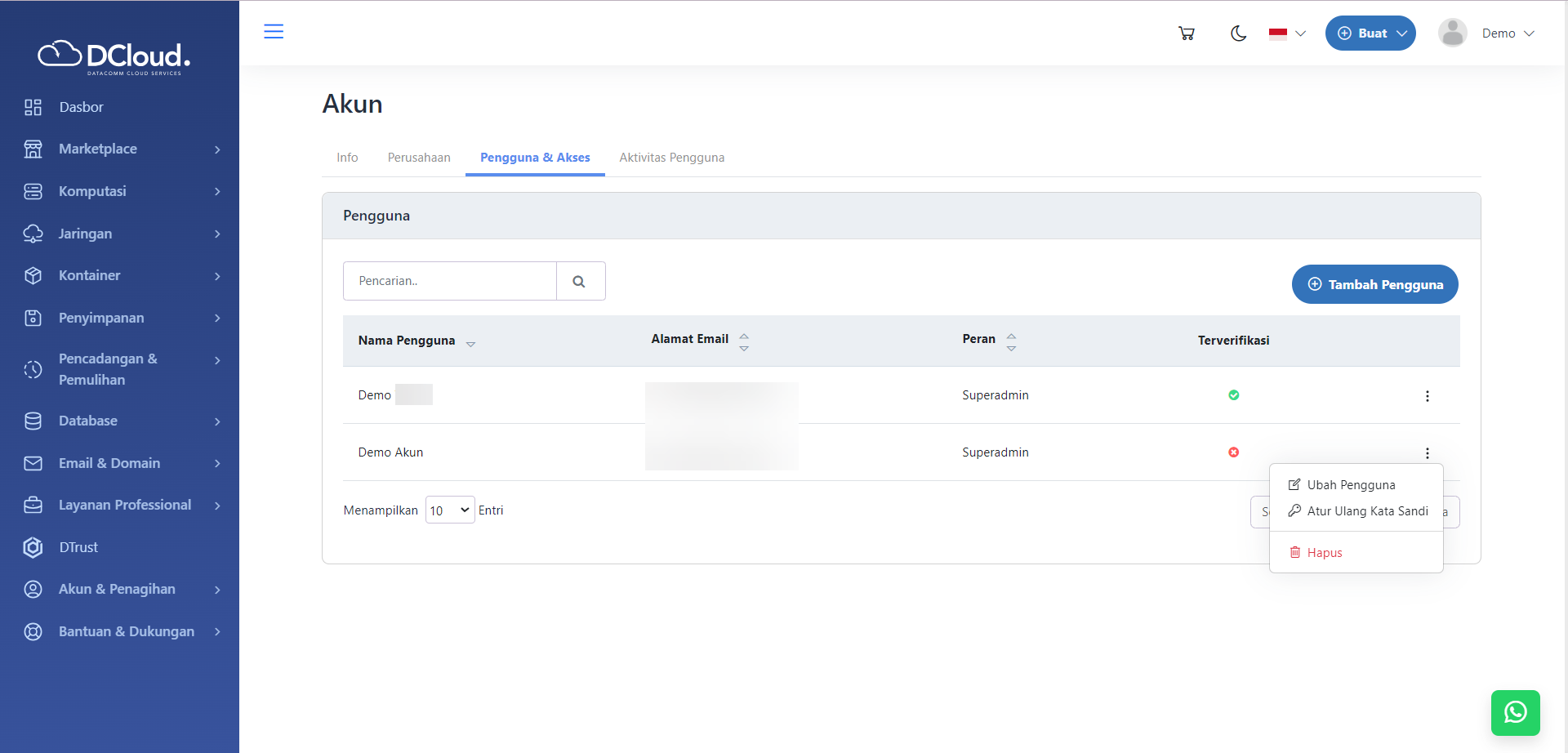 Halaman Pilihan Ubah Pengguna