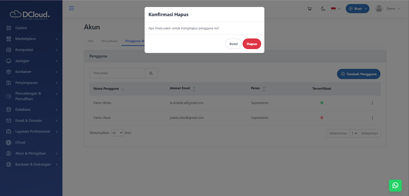 Halaman Konfirmasi Hapus Pengguna