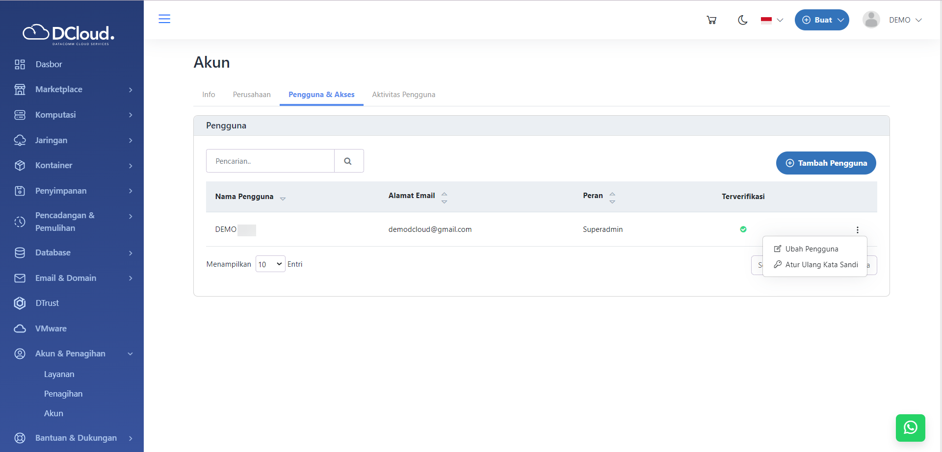 Halaman Pilihan Atur Ulang Kata Sandi