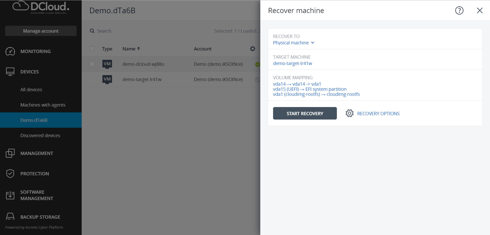 Halaman Recover Machine Setelah disesuaikan