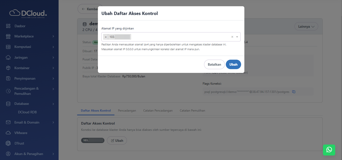 Halaman Ubah Daftar Akses Kontrol