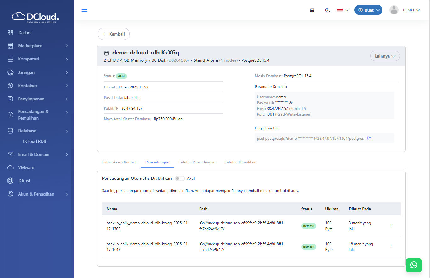 Halaman Detail DCloud RDB