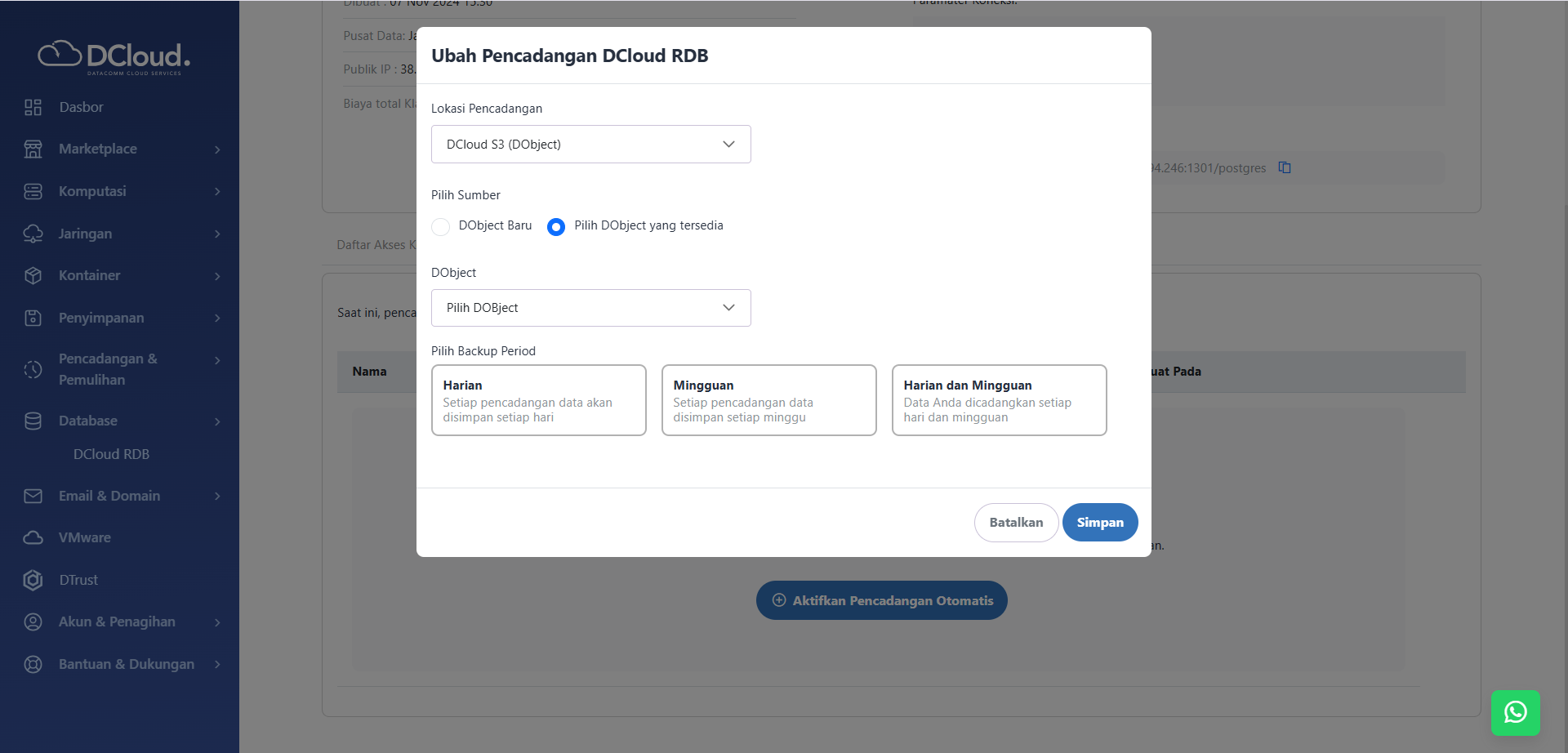 Halaman Pencadangan DObject yang Tersedia