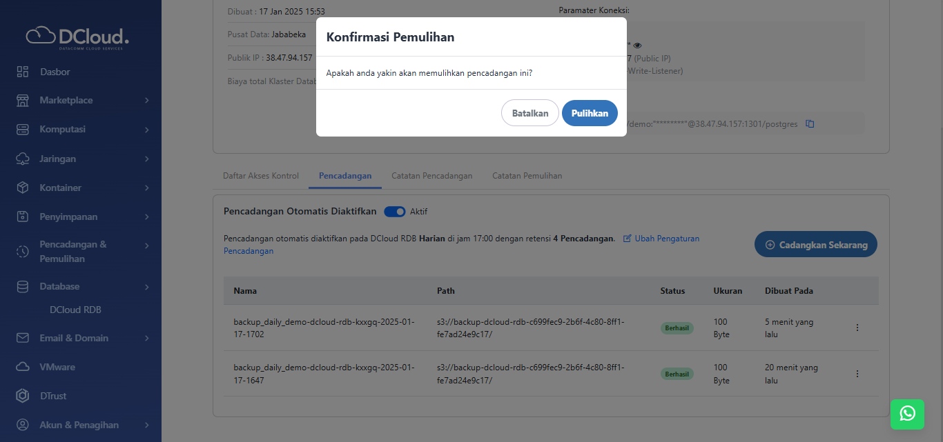 Halaman Konfirmasi Pemulihan