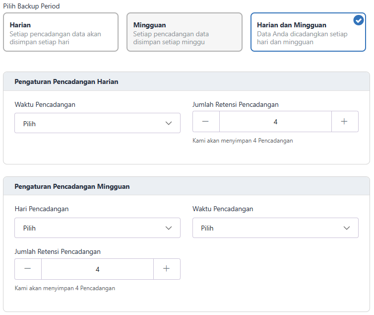 Halaman Pencadangan Mingguan & Harian