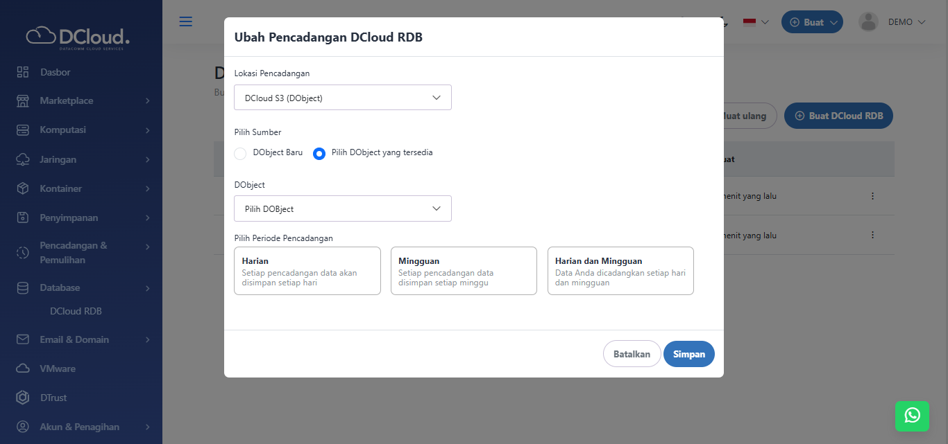 Halaman Pencadangan DObject yang Tersedia