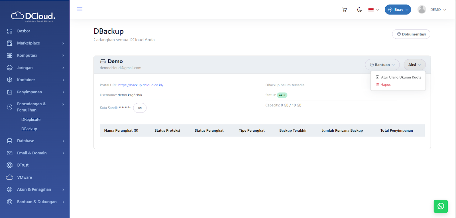 Halaman Aksi DBackup