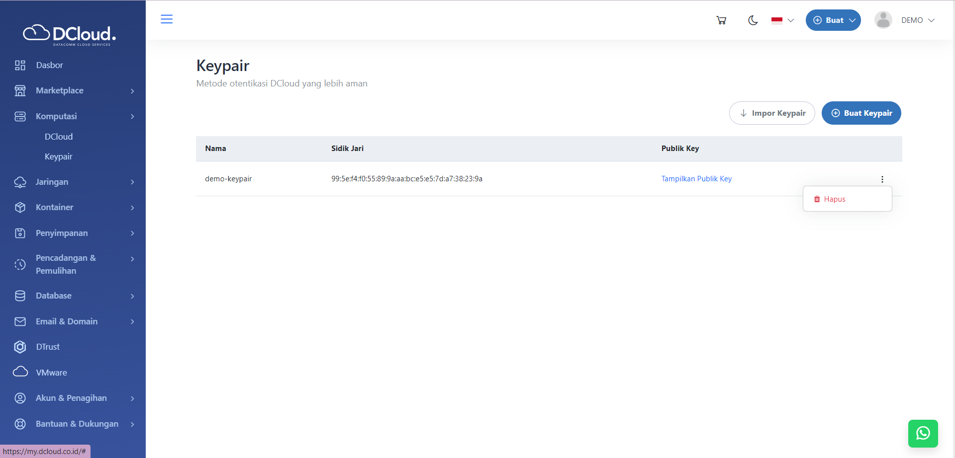 Halaman Pilihan Keypair