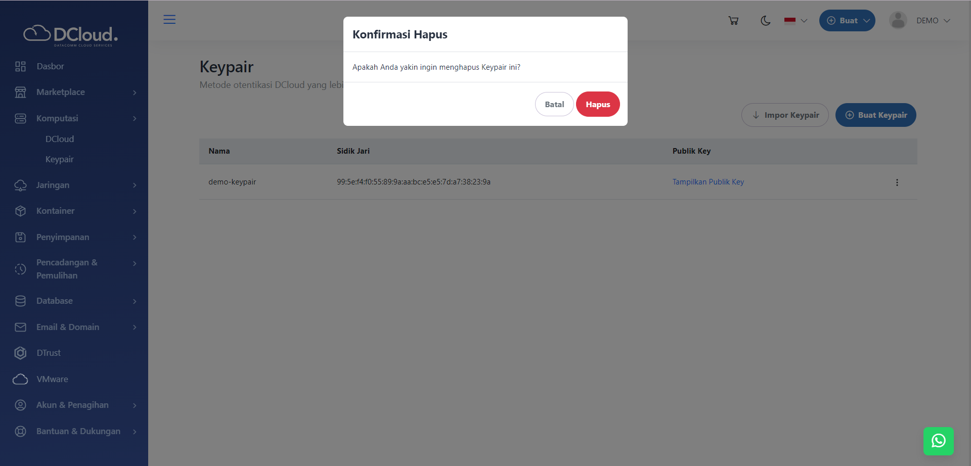 Halaman Notifikasi Hapus
