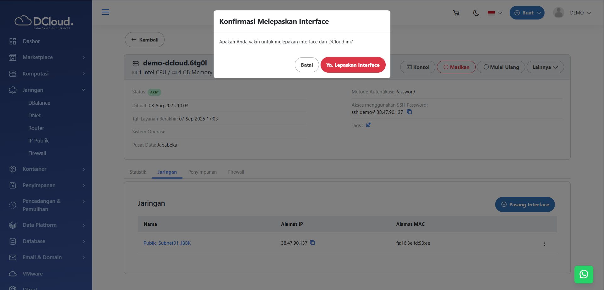 Lepaskan Interface atau Jaringan - Dokumentasi DCloud