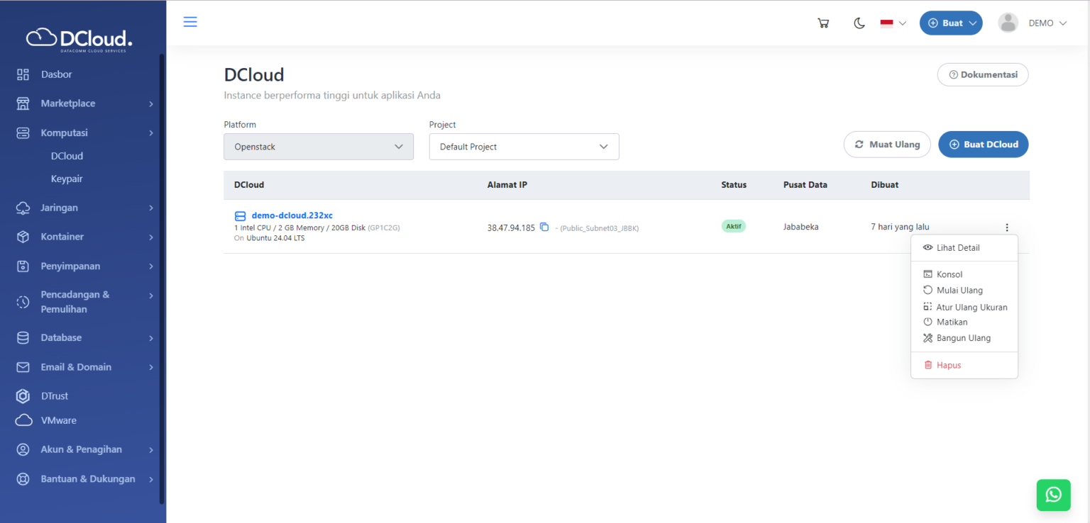 Bangun Ulang Instance - Dokumentasi DCloud