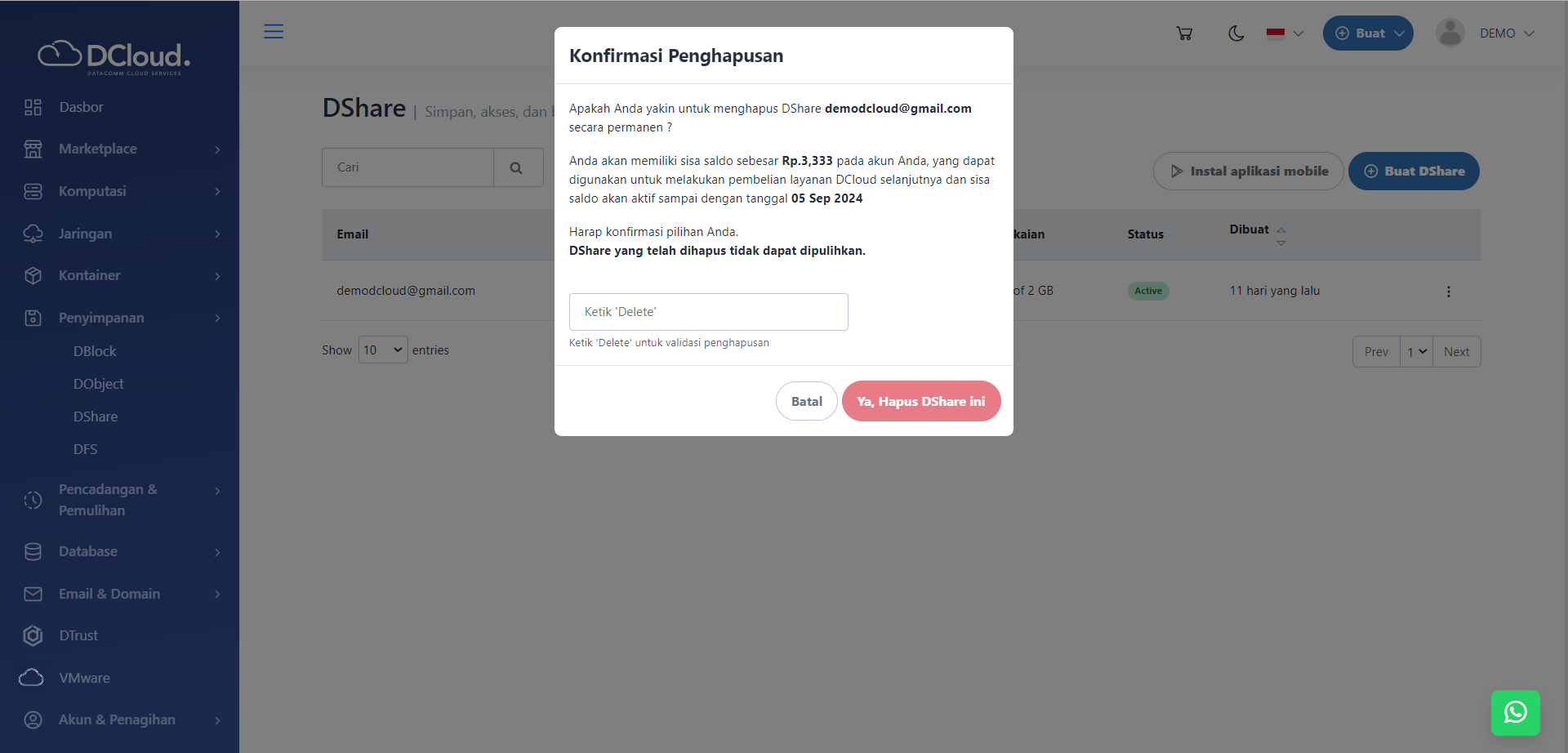 Halaman Notifikasi Hapus