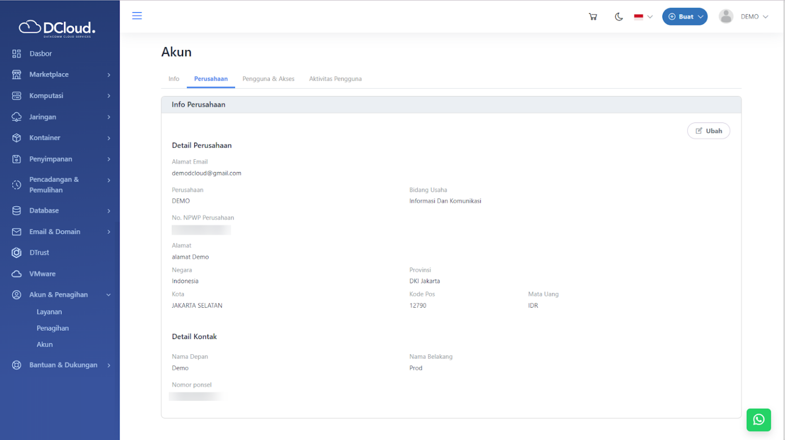 Ubah Data Akun - Dokumentasi DCloud