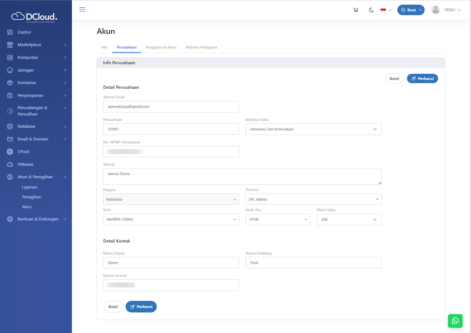 Ubah Data Akun - Dokumentasi DCloud