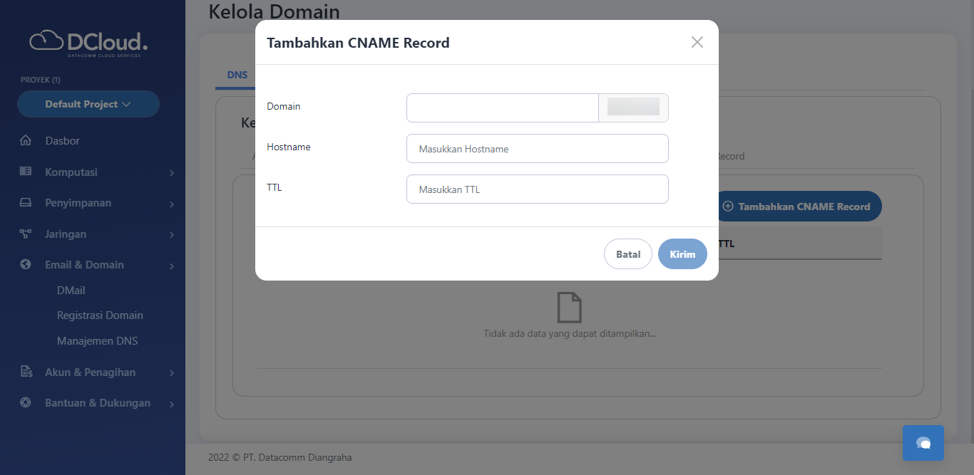 Halaman Tambahkan Cname Record