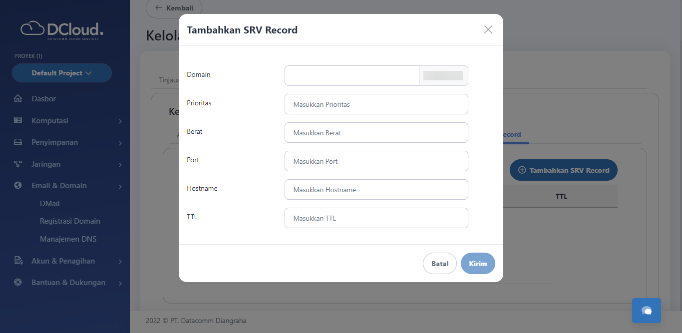 Halaman Tambahkan SRV record