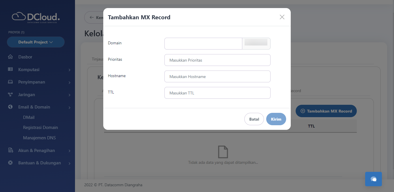 Halaman Tambahkan MX record