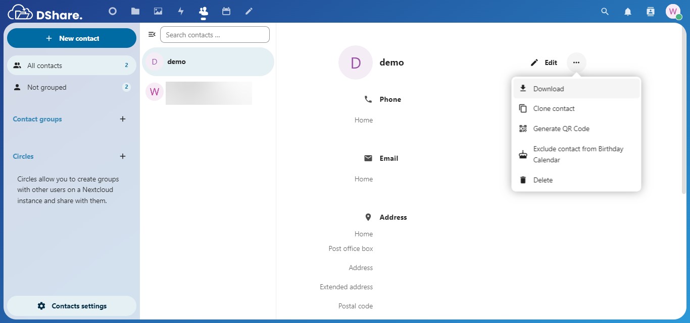 Halaman Action Contact DShare