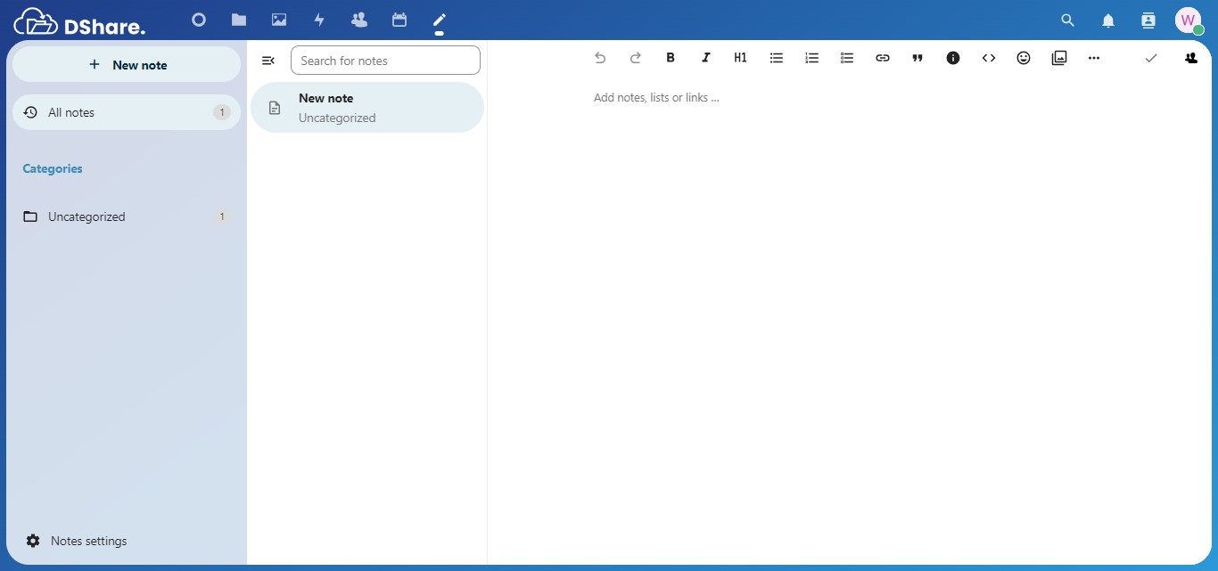 Halaman New Notes DShare
