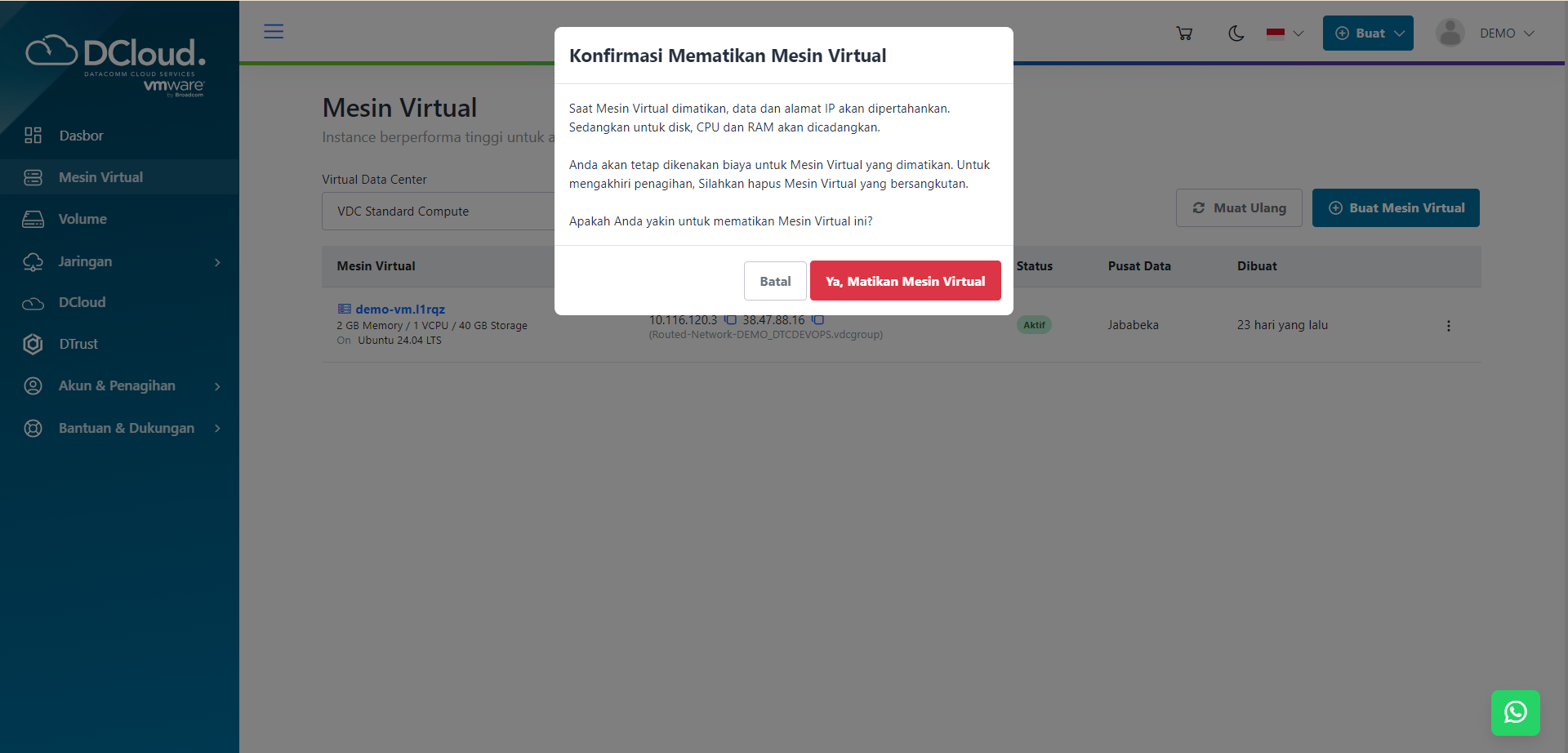 Halaman Konfirmasi Matikan