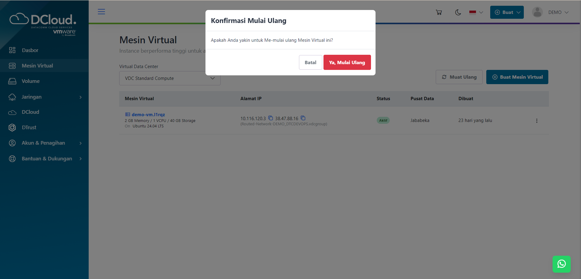 Halaman Konfirmasi Mulai Ulang