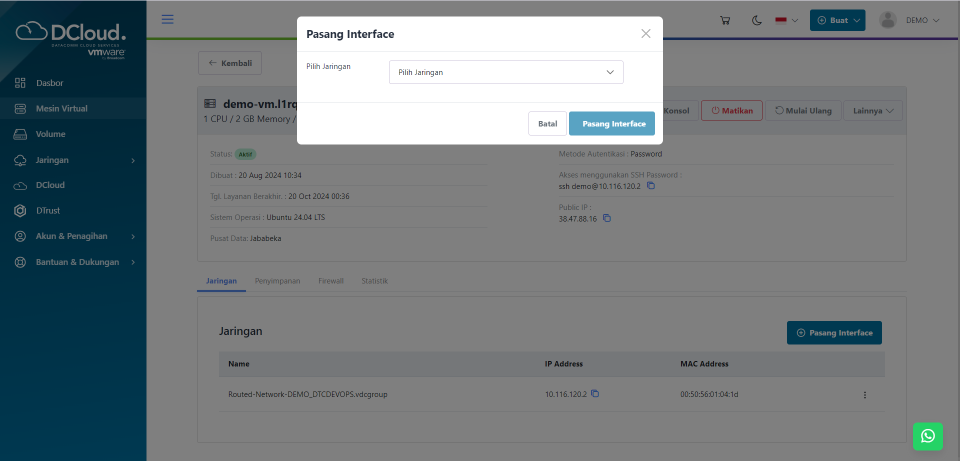 Halaman Pasang Interface