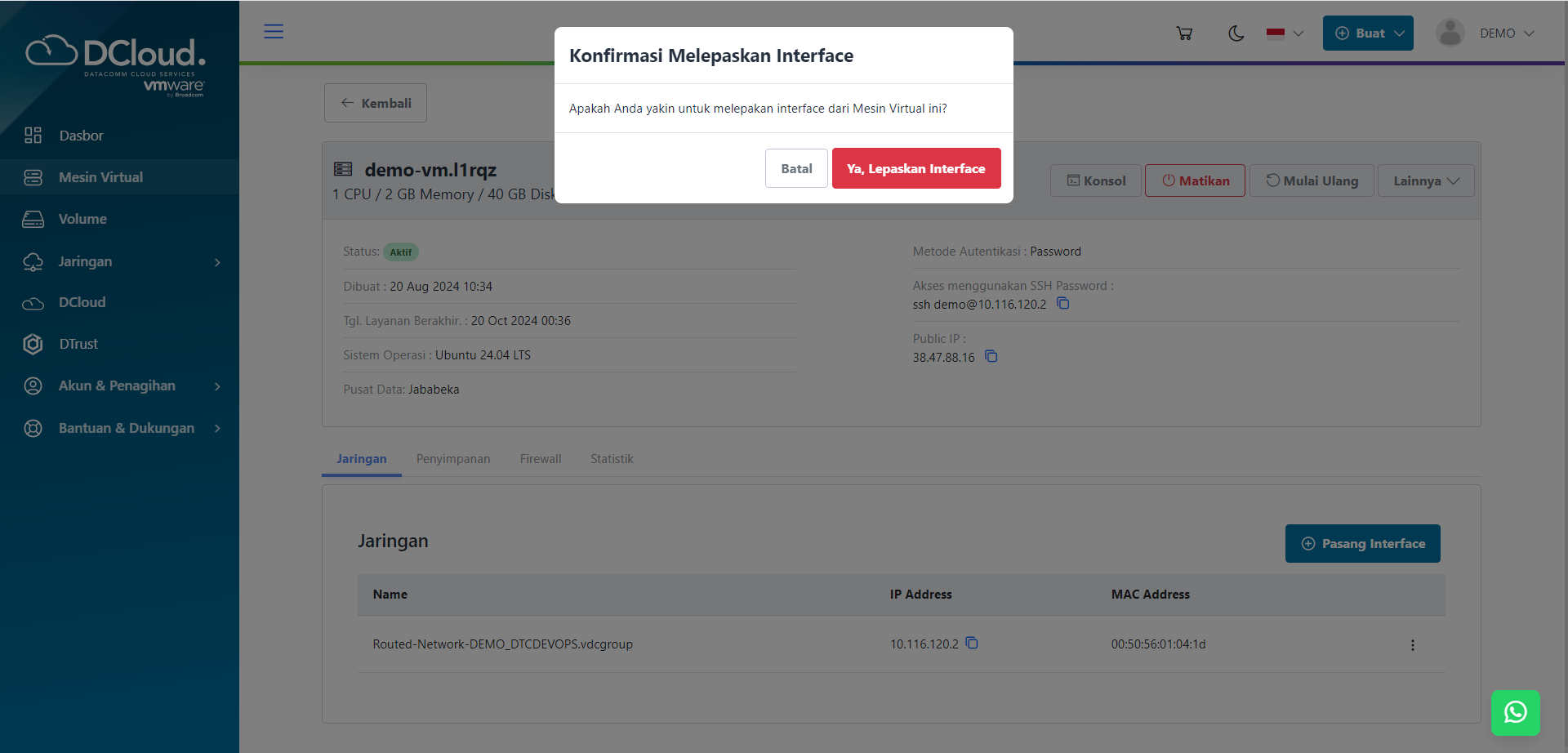 Halaman Konfirmasi Lepaskan Interface
