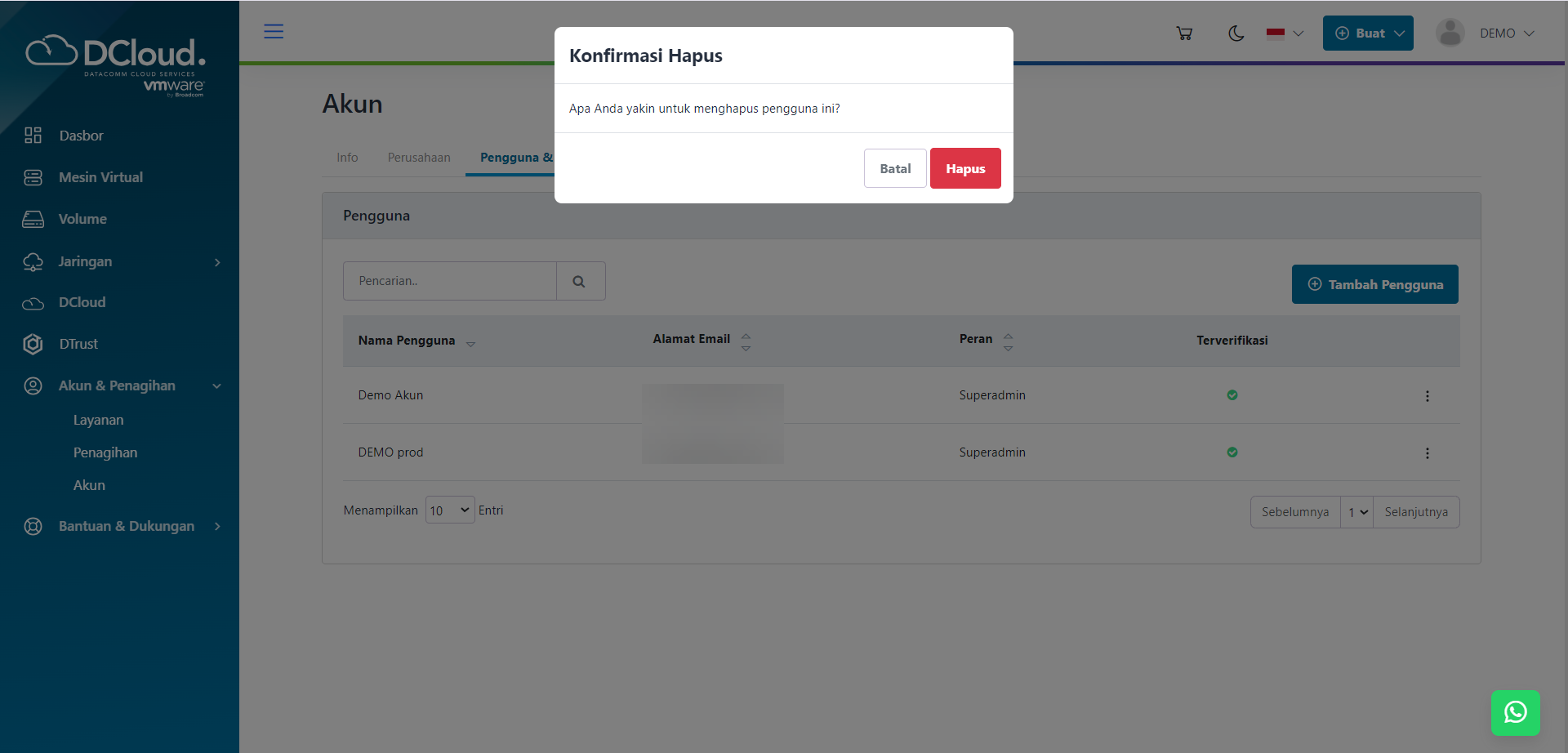 Halaman Konfirmasi Hapus Pengguna