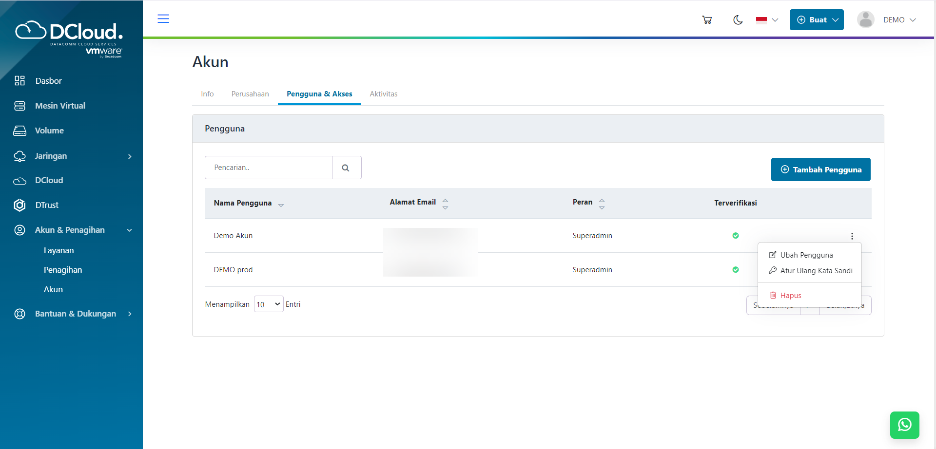 Halaman Pilihan Ubah Pengguna