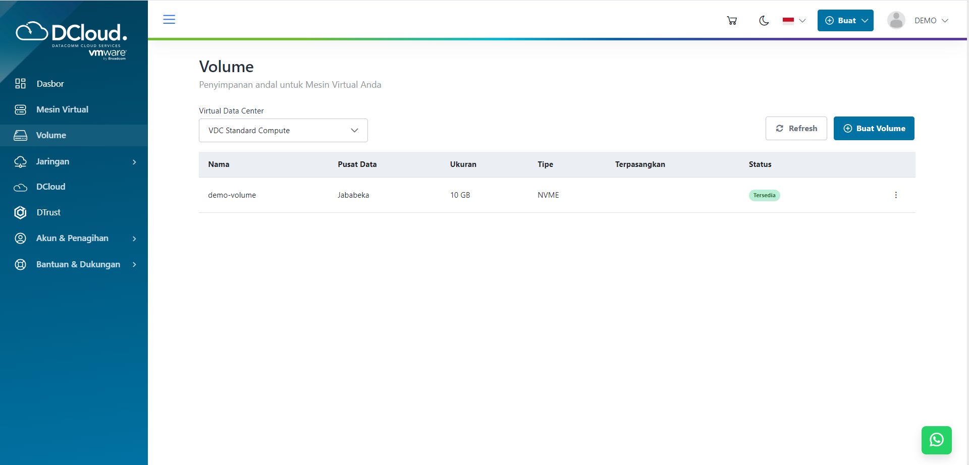 Halaman Volume Dilepaskan dari Instance