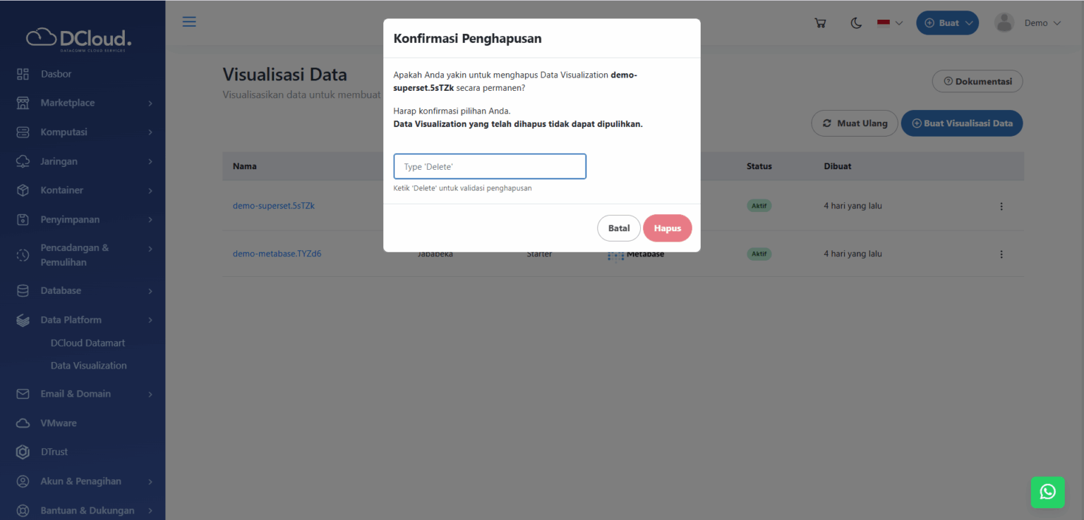 Menghapus Layanan Data Visualization - Dokumentasi DCloud